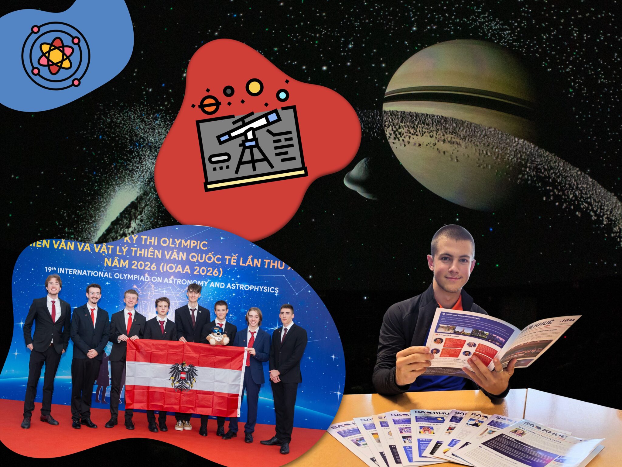 Astronomie-Olympiade: Österreichisches Team mit Fahne und Saturn im Weltall